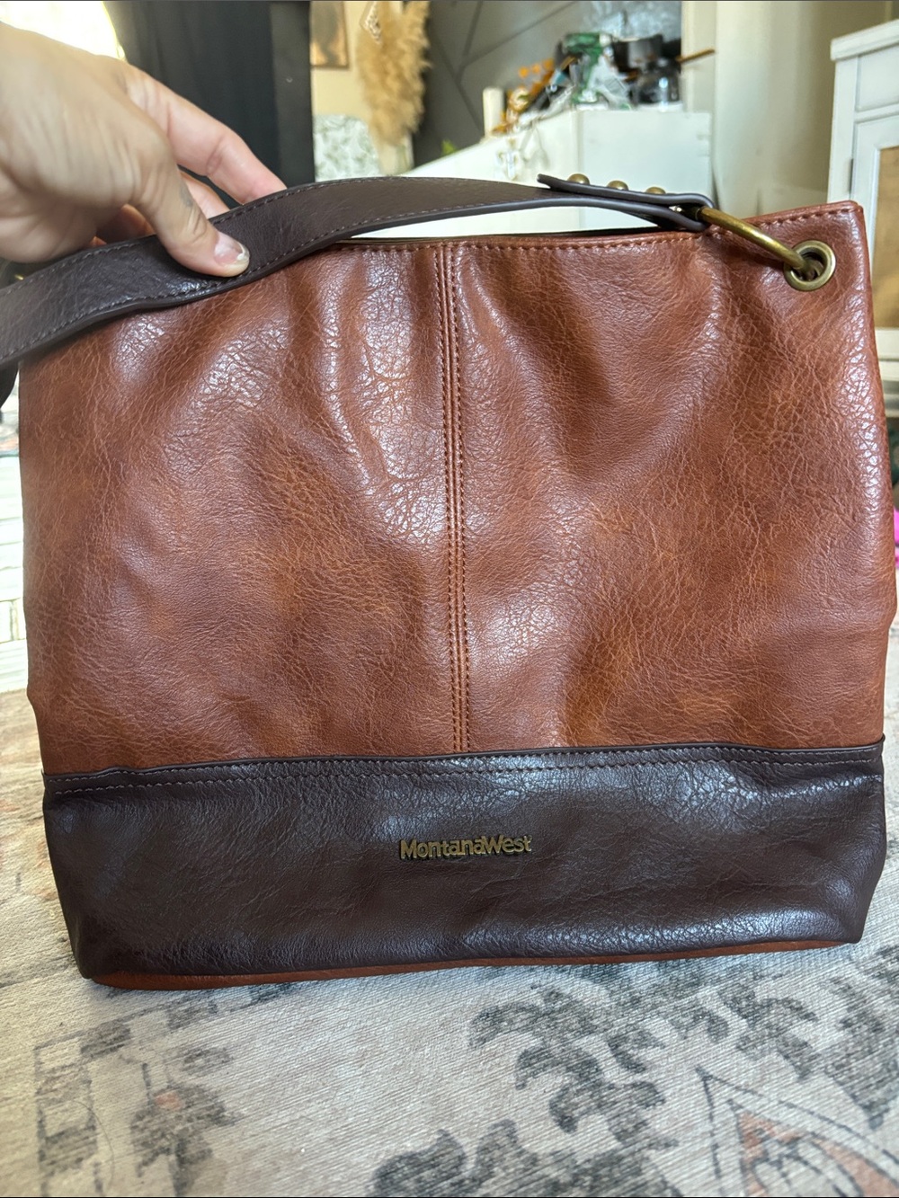 Montana West Two-Tone Brown Leather Messenger Bag